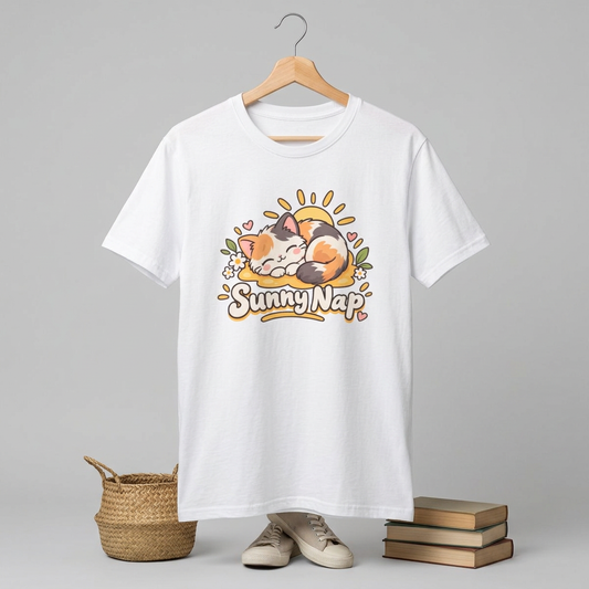 Cat T-Shirt — "Sunny Nap" Calico Cat Graphic Tee