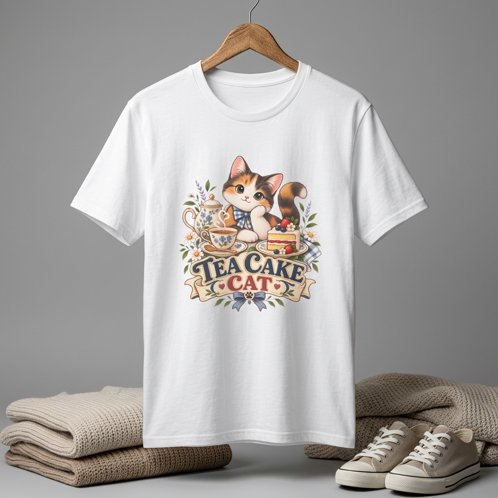 Tea Cake Cat T‑Shirt — Cute Calico Kitten Tea & Cake Graphic Tee