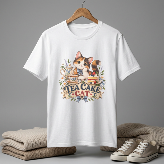 Tea Cake Cat T‑Shirt — Cute Calico Kitten Tea & Cake Graphic Tee