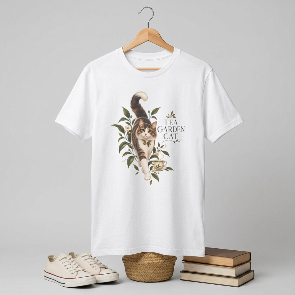 Tea Garden Cat T-Shirt — Cute Floral Cat Illustration Tee