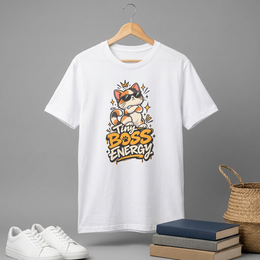 Tiny Boss Energy Cat T-Shirt — Cute Cat with Sunglasses Graphic