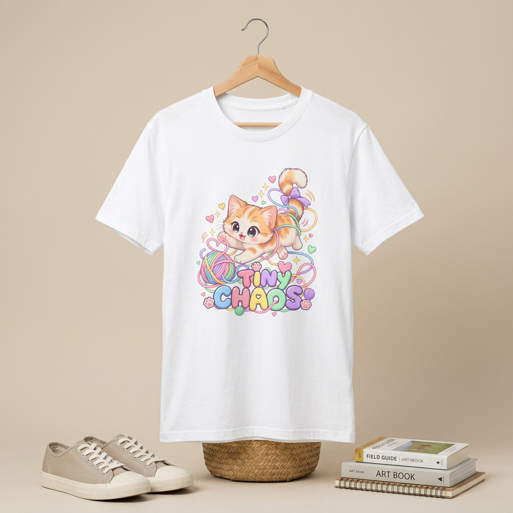Cute Kitten Graphic T-Shirt — "Tiny Chaos" Pastel Cat Design