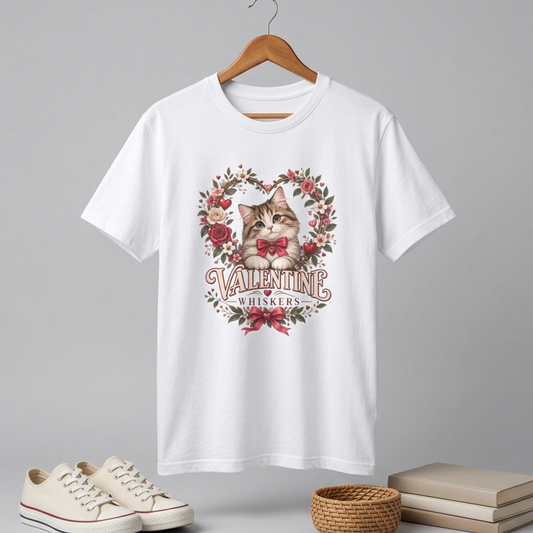 Valentine Cat T-Shirt – 'Valentine Whiskers' Floral Heart Kitten Tee