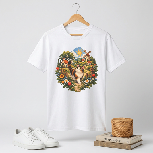 Pastoral Cat T-Shirt — Cottagecore Calico Tee with Windmill Village Design